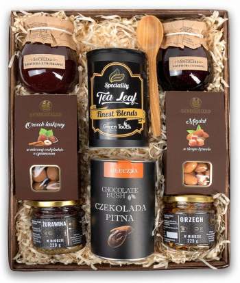 Kosz prezentowy z herbatą, czekoladą, miodami i konfiturami - zdjęcie 1