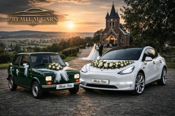 TESLA Model Y | Maluch | Fiat 126p | Auto do ślubu Zielonki, małopolskie