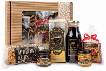 Box prezentowy kraftowy zestaw herbata sok naturalny czekolada miód baton - zdjęcie 1
