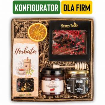 Kosz prezentowy z herbatą lub kawą i słodyczami konfigurowalny, personalizowany. Prezent dla firm - zdjęcie 1