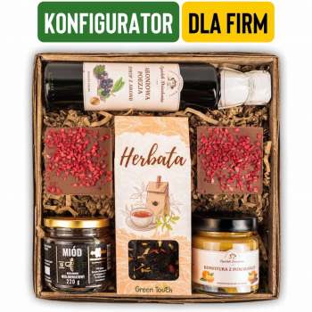 Kosz prezentowy z herbatą, kawą i słodyczami z miodem konfigurowalny, personalizowany. Prezent dla firm, prezent świąteczny - zdjęcie 1