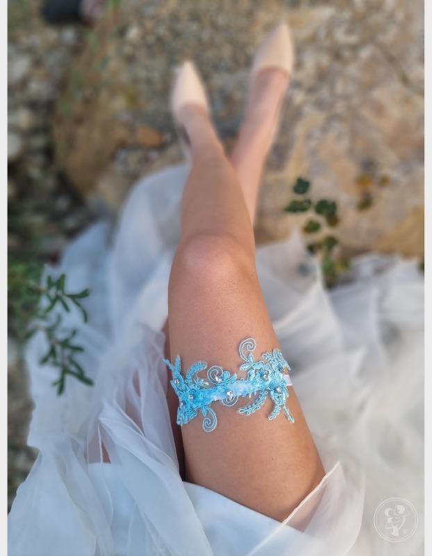 Ręcznie Robiona Podwiązka Ślubna - Blue Love - zdjęcie 1