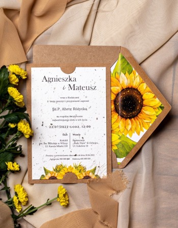 Zaproszenia ślubne z nasionami kwiatów - Wzór z kwiatami słonecznika - zdjęcie 1