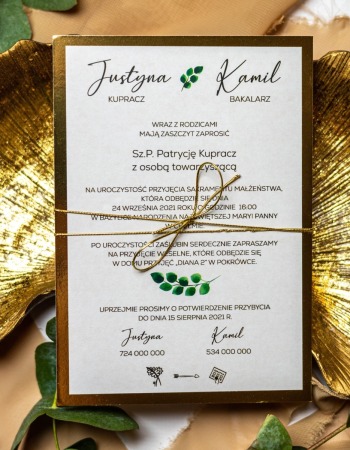 Zaproszenia ślubne w stylu GLAMOUR jednokartkowe zielony listek - zdjęcie 1