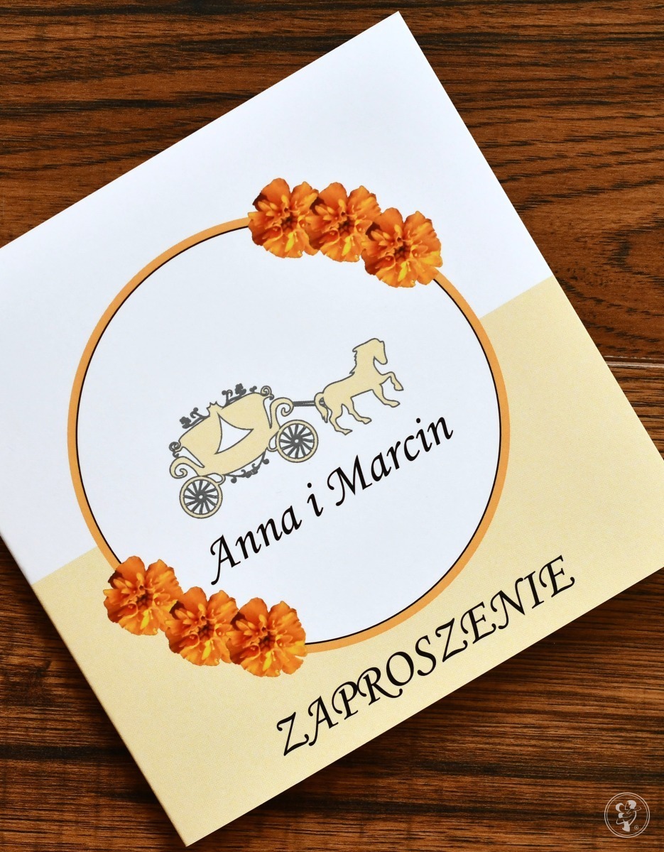 Zaproszenie Ślubne z pomarańczowymi kwiatami - KARETA Z KOŃMI - zdjęcie 1