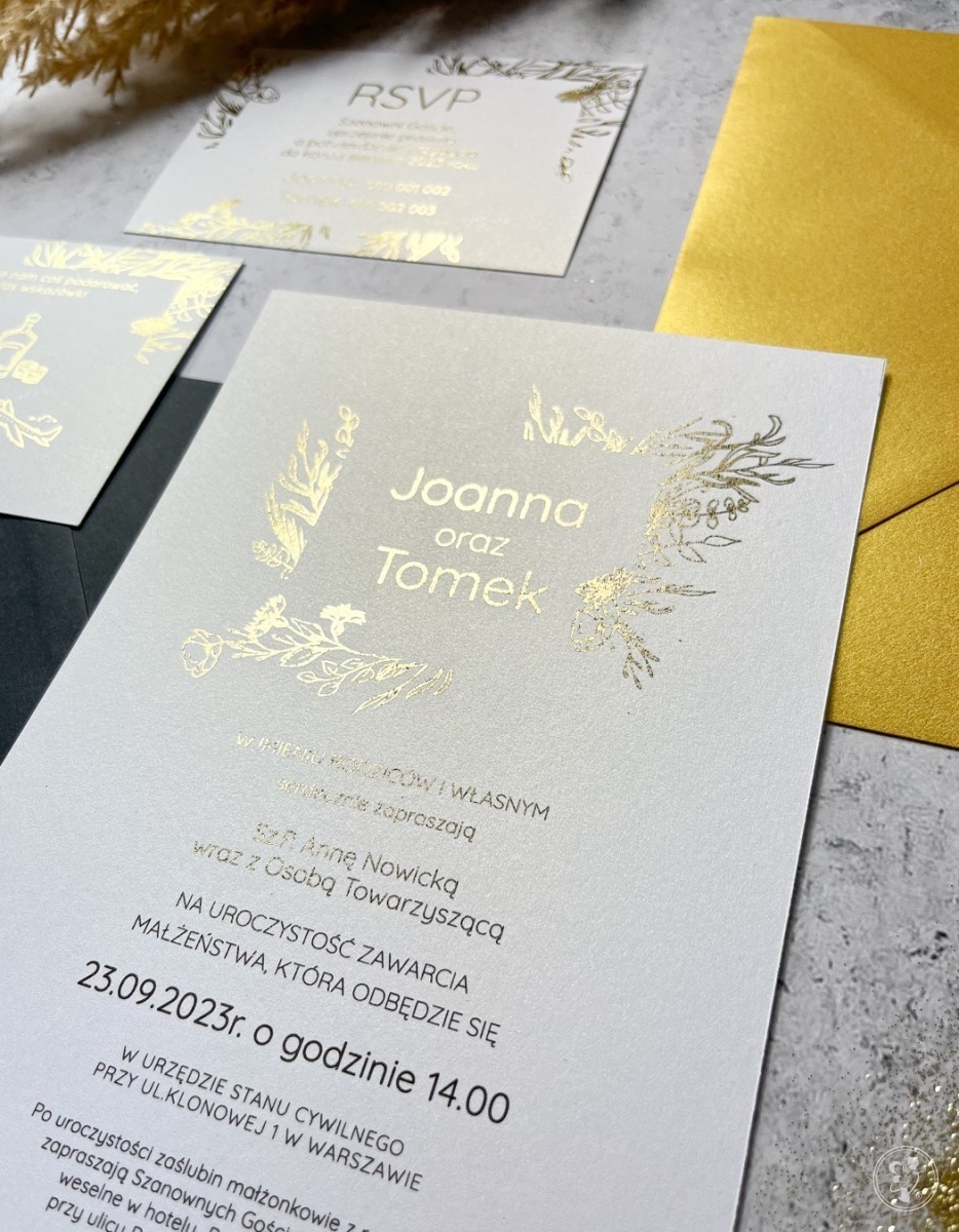 Zaproszenie ślubne minimalistyczne, rustykalne ze złoceniami - zdjęcie 1