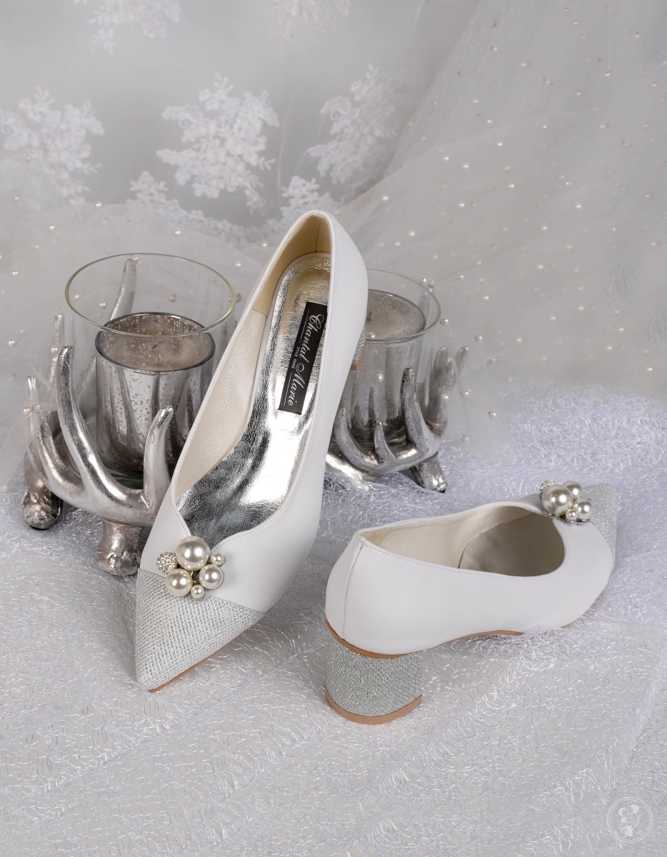 Czółenka ślubne biało srebrne z perłami EMANUELA - zdjęcie 1