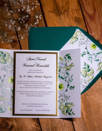 Zaproszenie na ślub GLAMOUR biała eustoma i eukaliptus - zdjęcie 1