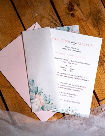 Zaproszenie na ślub z kalką róż i zieleń CAROLINE - zdjęcie 1