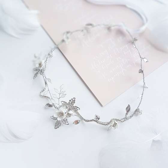 Florine - srebrna kwiatowa opaska ślubna - zdjęcie 1