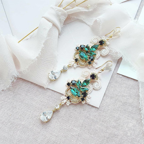 Kolczyki ślubne Lace Me Long - Ivory Emerald - zdjęcie 1