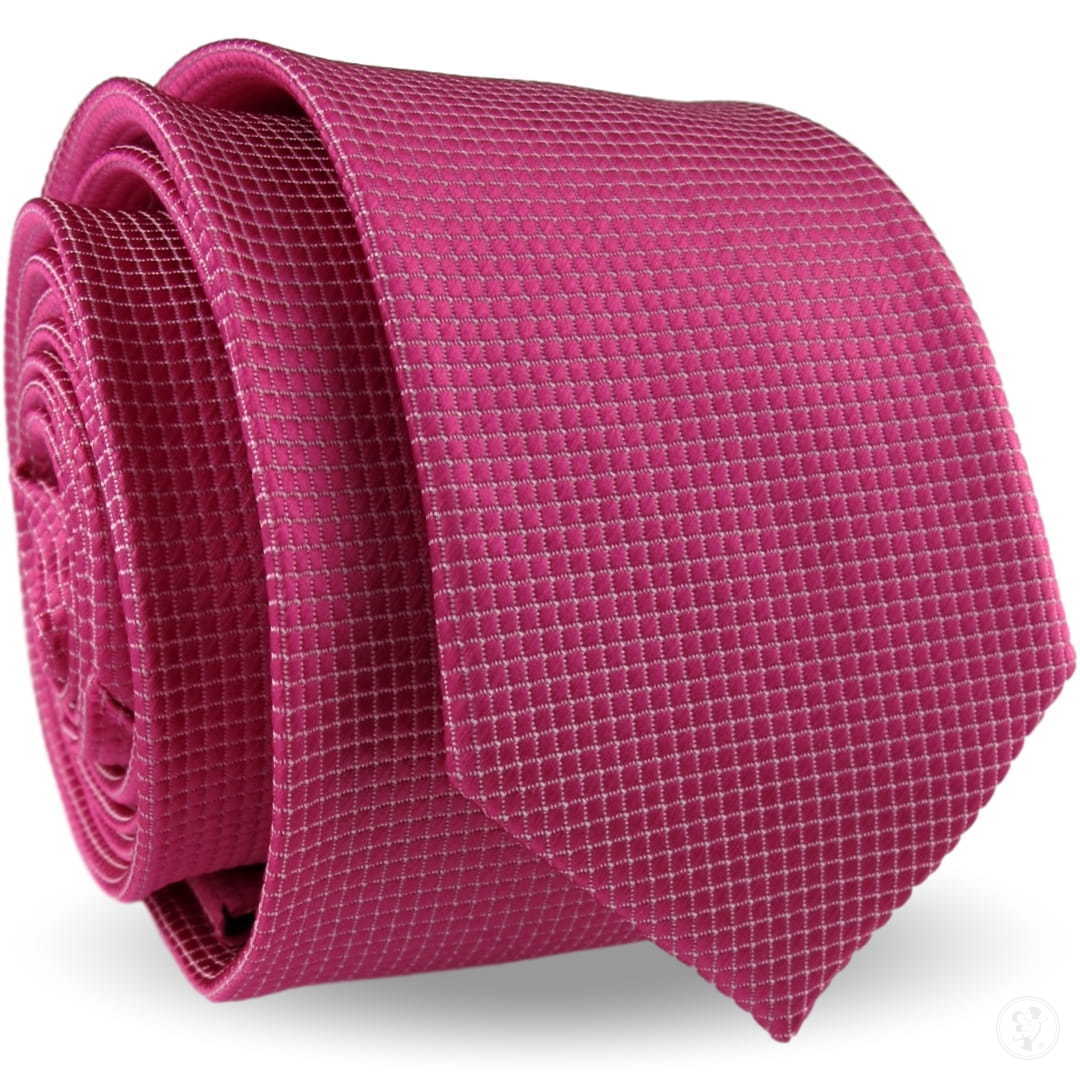 Krawat Męski Elegancki Modny Śledź wąski różowy fuksja w delikatną kratkę G346 - zdjęcie 1