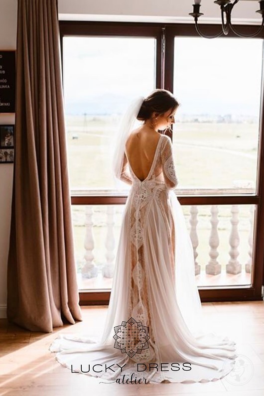 Suknia ślubna z długimi rękawami nude / HALINA - zdjęcie 1