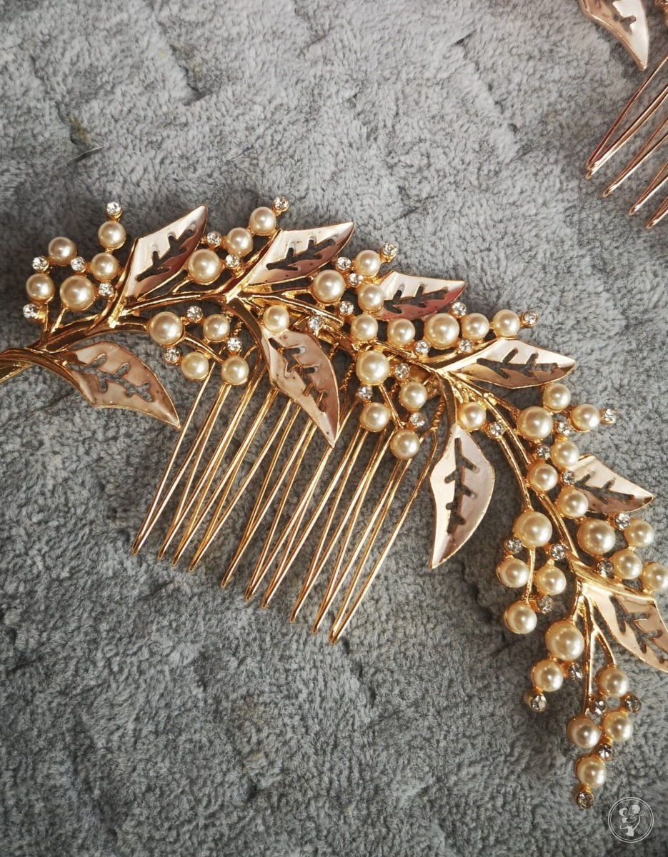Grzebyk ślubny KAILA złoty listki perły - zdjęcie 1