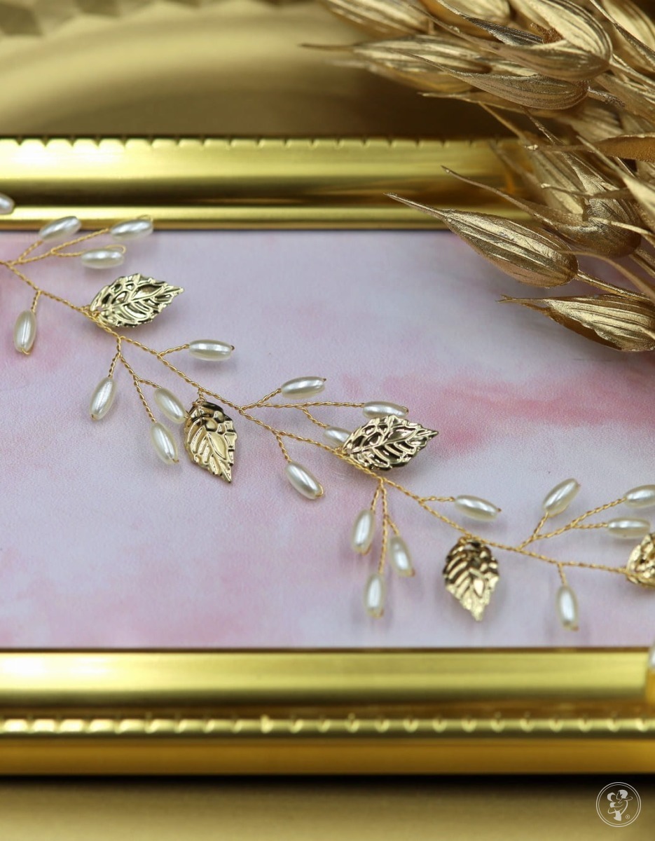 Opaska ślubna złota wianek listki perły boho - zdjęcie 1