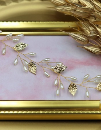 Opaska ślubna złota wianek listki perły boho - zdjęcie 1