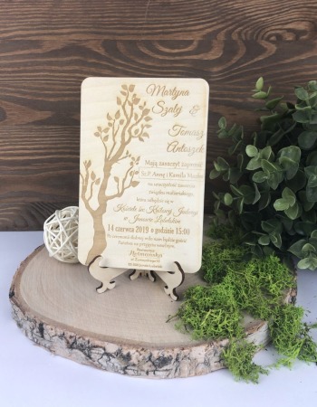 Drewniane zaproszenia ślubne- drzewo grawer - zdjęcie 1