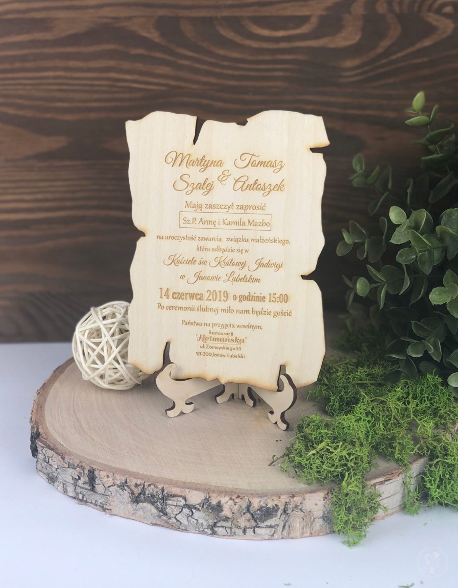 Drewniane zaproszenia ślubne- spękane grawer - zdjęcie 1
