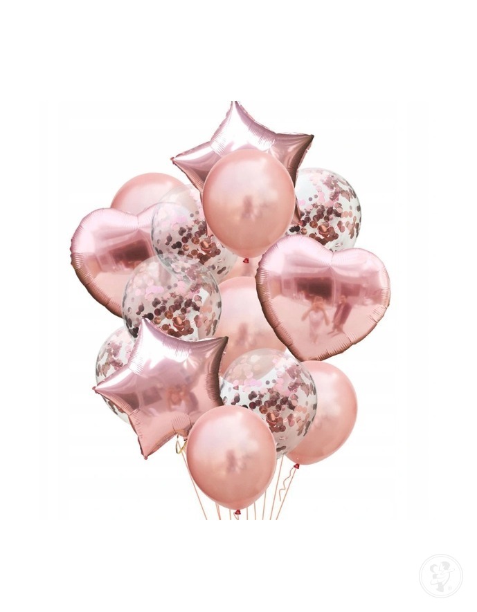 ZESTAW ROSE GOLD 14szt balonów Balony serca, gwiazdki, z konfetti, gładkie na Urodziny, Osiemnastkę, Roczek, Komunię, Chrzciny- ZU1 - zdjęcie 1