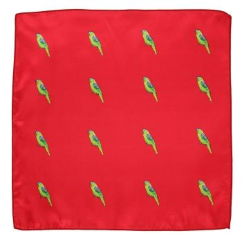 Czerwona Elegancka Poszetka Męska -ALTIES- w Zielone Papugi, Motyw Zwierzęcy - zdjęcie 1