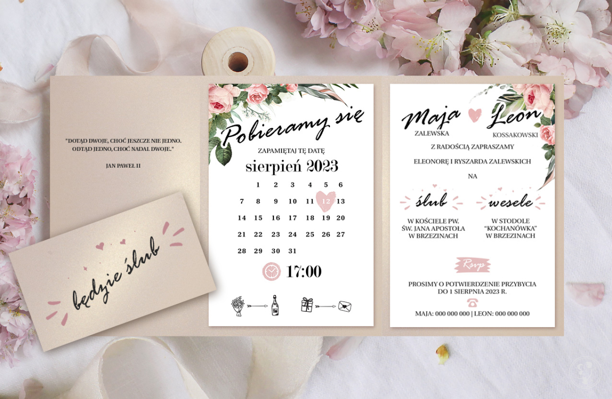 Folderowe zaproszenia ślubne Różowe Kwiaty Perłowe - zdjęcie 1