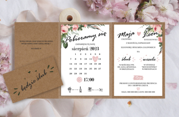 Folderowe zaproszenia ślubne Różowe Kwiaty kraftowe - zdjęcie 1