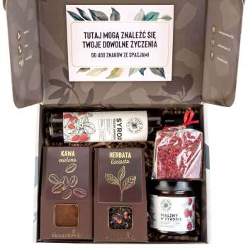 Zestaw prezentowy z herbatą, kawa czekolada syrop i maliny w syropie box - zdjęcie 1