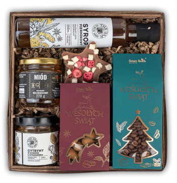 Świąteczny kosz prezentowy zestaw na prezent kawa słodycze syrop miód box - zdjęcie 1