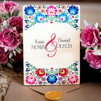 Drewniane zaproszenia na ślub- ŁOWICKIE z kolorowym nadrukiem - zdjęcie 1