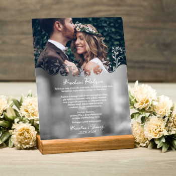 Akrylowe zaproszenie ślubne dla rodziców ze zdjęciem - srebrne lustrzane - wzór 103 - zdjęcie 1