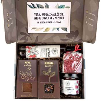 Zestaw prezentowy z herbatą, kawa czekolada syrop i maliny w syropie box - zdjęcie 1
