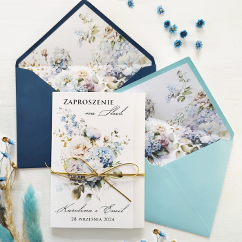 Zaproszenia ślubne dusty blue ze złotym sznurkiem - zdjęcie 1