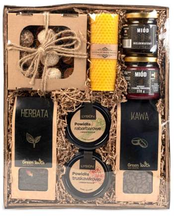 Duży kosz prezentowy z herbatą i kawą oraz słodyczami ze świecą - zdjęcie 1