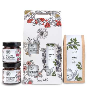 Zestaw prezentowy herbata maliny w syropie konfitura upominek w pudełku na prezent - zdjęcie 1