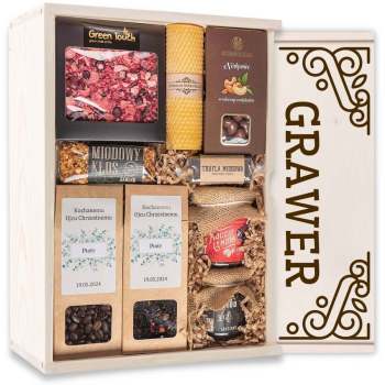 Skrzynka prezentowa zestaw z świecą, kawą, herbatą i słodyczami. Zestaw prezentowy podziękowania. - zdjęcie 1