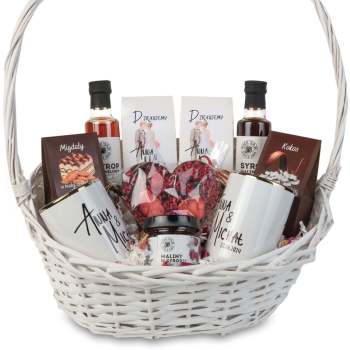 Podziękowanie dla rodziców kosz prezentowy nadruk kubki herbata kawa syropy - zdjęcie 1