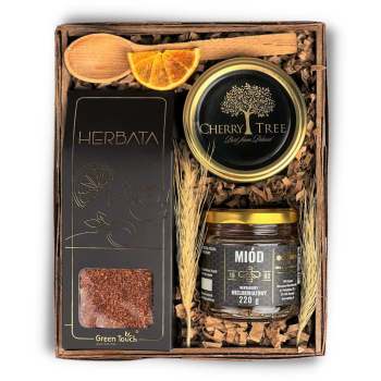 Zestaw kosz prezentowy upominek herbata miód konfitura wiśniowa prezent box - zdjęcie 1