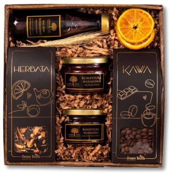 Kosz prezentowy upominek zestaw herbata kawa konfitury wiśniowe i sok nfc - zdjęcie 1