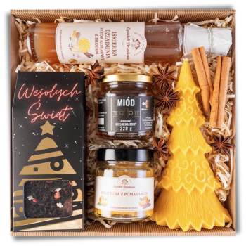 Kosz prezentowy świąteczny prezent z herbatą, świeca choinka, miód - zdjęcie 1