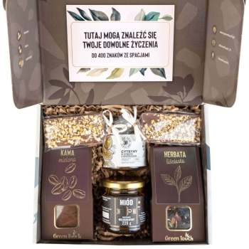 Pudełko prezentowe zestaw kosz z herbatą i kawą miód cytryny z życzeniami - zdjęcie 1