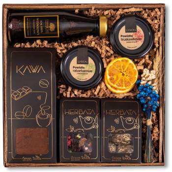 Kosz prezentowy zestaw herbat kwitnących kawa sok powidła kwiaty prezent - zdjęcie 1