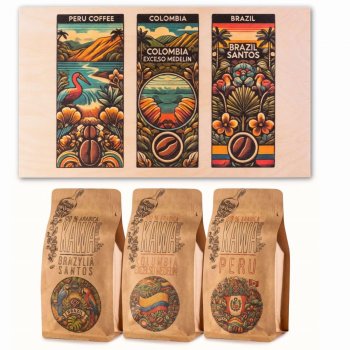 Zestaw kaw w skrzynce na prezent kawa ziarnista 750 g Brazylia Peru Kolumbia - zdjęcie 1