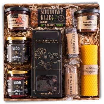 Kosz prezentowy z herbatą, zestawem powideł i słodyczy z świecą - zdjęcie 1