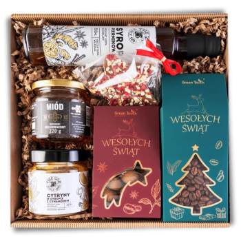 Świąteczny kosz prezentowy zestaw na prezent kawa słodycze syrop miód box - zdjęcie 1