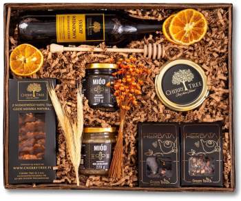 Kosz prezentowy herbaty syrop wiśniowy miody konfitura ciastka wiśniowe - zdjęcie 1