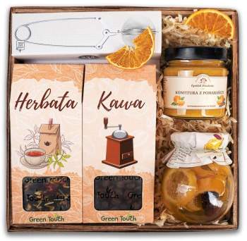 Kosz prezentowy zestaw herbata, kawa, przetwory, zaparzacz - zdjęcie 1