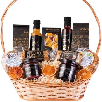 Wiklinowy kosz prezentowy zestaw na prezent herbata kawa syropy czekolada konfitury - zdjęcie 1