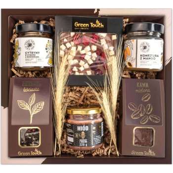 Kosz prezentowy zestaw z herbatą, kawą i słodyczami z przetworami. Pudełko prezentowe - zdjęcie 1