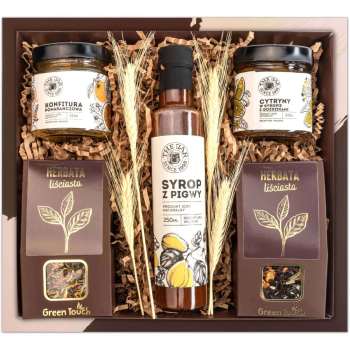 Kosz prezentowy zestaw herbat, syrop i konfitury. Pudełko prezentowe - zdjęcie 1