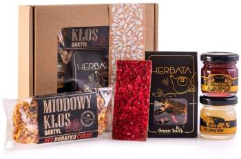 Zestaw prezentowy herbata miód konfitura malinowa czekolada baton miodowy - zdjęcie 1